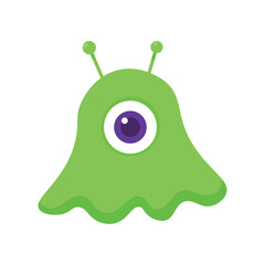 Green one-eyed alien in the form of a blob on a white background. Kids illustration in cartoon style. Positive character. creature.