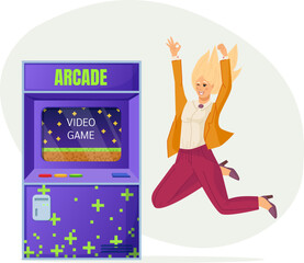 Happy young woman happily jumping next to arcade game machine. Girl playing and winning at video game machine in gaming room. Old vintage playing device