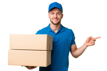 Delivery caucasian man over isolated background pointing finger to the side