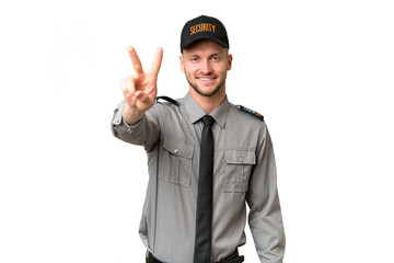 Young security caucasian man over isolated background smiling and showing victory sign