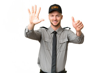 Young security caucasian man over isolated background counting six with fingers