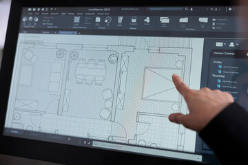 Room floor planner software close up, real estate studio project, interior design 2d creator app on...