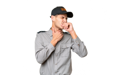 Young security man over isolated background is suffering with cough and feeling bad