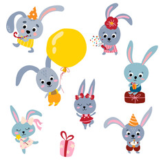 Cute set of funny hares. A party. White background, isolate. Drawn style. Vector illustration.