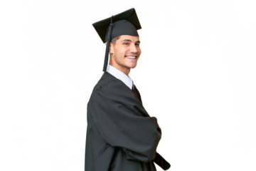 Young university graduate caucasian man over isolated background with arms crossed and looking forward