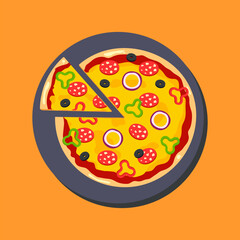 Illustration with yummy pizza on dish on yellow background. It can be used in print for cafe, restaurant, fast food
