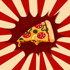 Illustration in retro style with a piece of hot pizza with stretching cheese. It can be used in print for cafe, restaurant, fast food