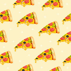 Seamless pattern with a piece of hot pizza with stretching cheese on a yellow background. It can be used in print for cafe, restaurant, fast food