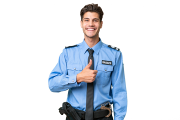Young police man over isolated background giving a thumbs up gesture
