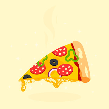 Illustration with a piece of hot pizza with stretching cheese on a yellow background. It can be used in print for cafe, restaurant, fast food
