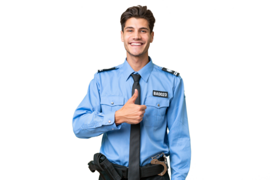 Young police man over isolated background giving a thumbs up gesture