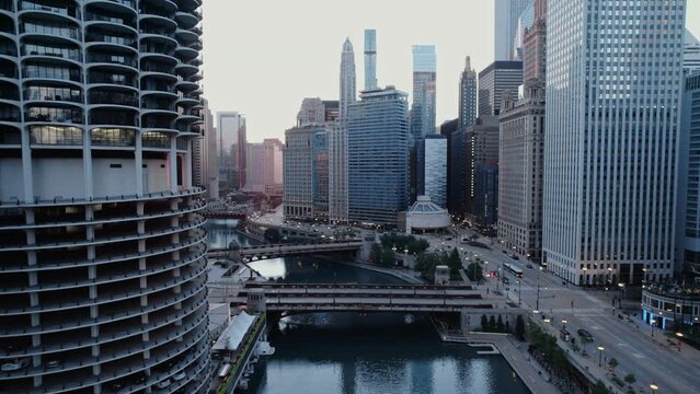 Drone flies over Chicago River Downtown 2