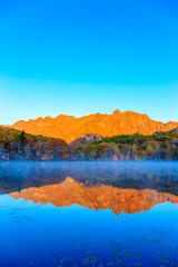 autumn landscape with lake and mountains