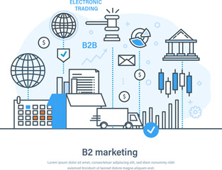 B2 marketing effective business strategy web banner. Interaction between business companies process. Market research, development, promotion, data analysis thin line design