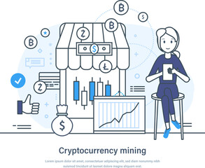 Cryptocurrency mining blockchain digital currency technology web banner. Crypto currency market, exchange or transaction process. Cryptocoin mining farm thin line design