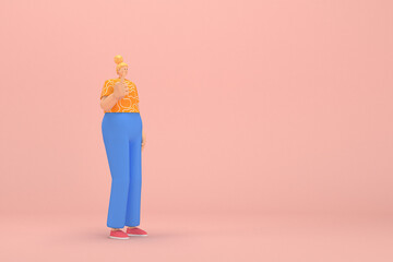 The woman with golden hair tied in a bun wearing blue corduroy pants andOrange T-shirt with white stripes.  She is expression  of hand when talking. 3d illustrator of cartoon character in acting.