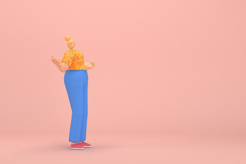 The woman with golden hair tied in a bun wearing blue corduroy pants andOrange T-shirt with white stripes.  She is expression  of hand when talking. 3d illustrator of cartoon character in acting.