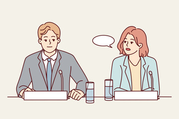 Businesspeople sit at desk at meeting speak in microphones. Employees at conference making speech. Business and briefing. Vector illustration. 