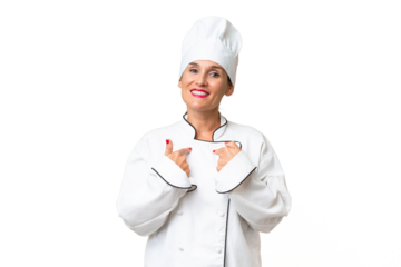 Middle-aged chef woman over isolated background with surprise facial expression