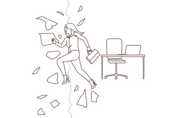 Happy businesswoman break wall quit job 