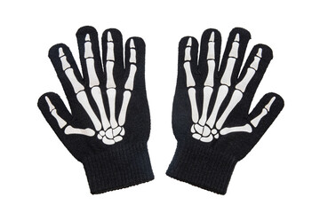 Halloween equipment. Close-up of a pair of skeleton gloves isolated on a white background.