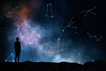 Zodiac signs and horoscope concept with black man silhouette on the earth looking at starry dark...