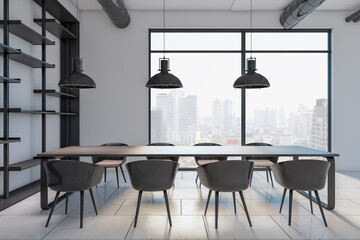 Luxury concrete and dark wooden industrial style meeting room interior with panoramic window and city view. Workplace and presentation concept. 3D Rendering.
