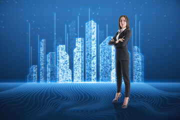 Attractive young european businesswoman standing on blue background with abstract creative pixel...