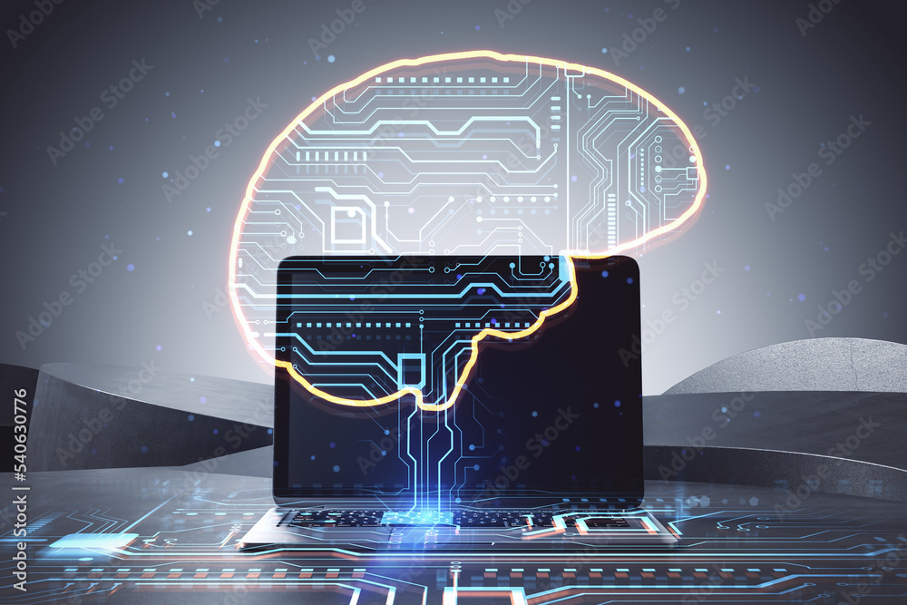 Poster artificial intelligence and futuristic innovations concept with digital human brain with circuit ins