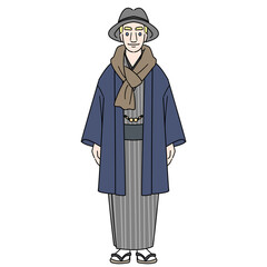 笑顔で冬物の着物を着た金髪男性　インバウンドやお祭りのイラスト　マスクなし