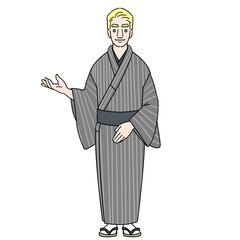 笑顔でお客様をご案内する着物を着た金髪男性　インバウンドやお祭りのイラスト　マスクなし
