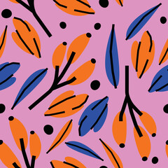 Stylish print, seamless pattern, background with hand-drawn flowers and leaves. Stylish vector illustration