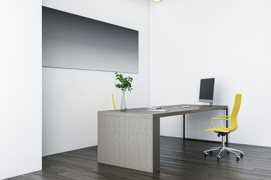 Contemporary concrete and wooden stylish designer office interior with furniture, supplies, laptop, decorative plant and mock up poster on wall. 3D Rendering.