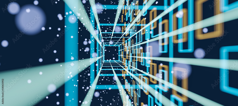 Poster Abstract background with perspective view effect of bright and blurred dots and blue squares on dark backdrop. 3D rendering