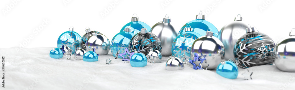 Wall mural isolated glossy christmas decoration lined up on white. 3d rendering blue shiny baubles ornaments. m