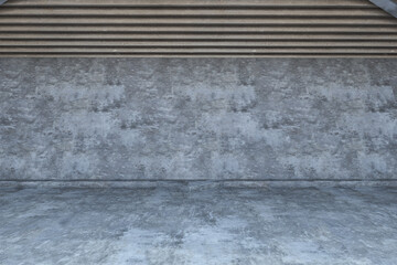 Fototapeta premium Blank grey wall background with space for your poster or advertising campaign board in empty hall with stone floor. 3D rendering, mock up