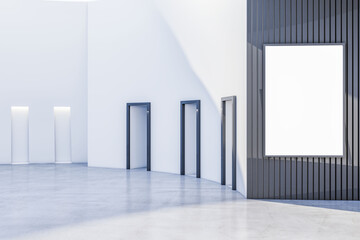 Modern spacious gallery interior with blank white mock up banner, reflections and details. Showroom and design concept. 3D Rendering.