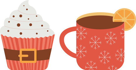 Vector illustration of Christmas cupcake and hot tea isolated
