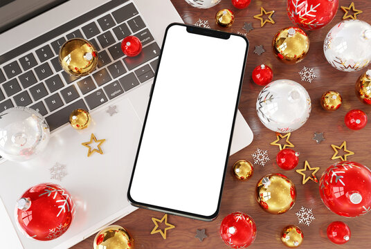 Mobile Phone Laying On Laptop With Christmas Baubles And Isolated Screen. Mockup 3d Rendering