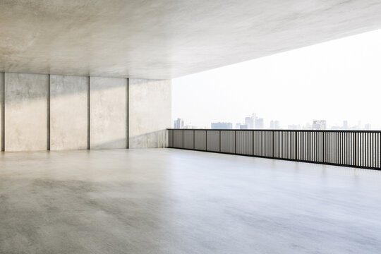 Spacious sunlit empty area with blank floor for car presentation, natural stone walls and ceiling and great city view. 3D rendering, mockup