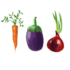 Vegetables are a hand-drawn set. Carrot isolated, eggplant and onion isolated on white.