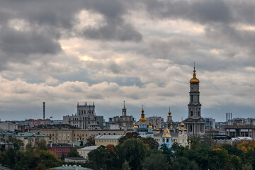 Naklejka premium Panorama of the central part of Kharkiv with the Dormition Cathedral in center of Kharkiv, Ukraine, October 2022