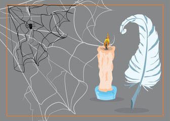 halloween elements with candle with spider web and feather