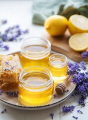 Jar with honey and fresh lavender flowers