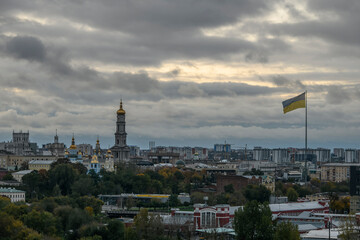 Obraz premium Panorama of the central part of Kharkiv with the Dormition Cathedral in center of Kharkiv, Ukraine, October 2022