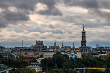 Panorama of the central part of Kharkiv with the Dormition Cathedral in center of Kharkiv, Ukraine, October 2022