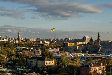 Obraz premium Panorama of the central part of Kharkiv with the Dormition Cathedral in center of Kharkiv, Ukraine, October 2022