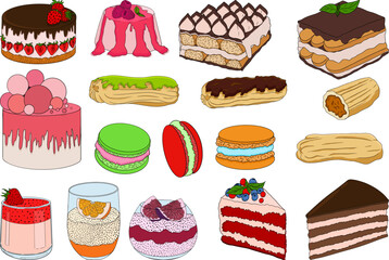 Delicious sweets and desserts. Hand drawn colorful illustration of popular traditional desserts for cafe, bakery and restaurant menu.
