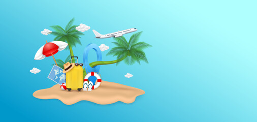 Fototapeta na wymiar Airplane is float away from location pin and cloud. Beach umbrella, luggage yellow, coconut tree on sand pile. Ad template banner for making ad media about tourism. Travel summer concept. 3D Vector.