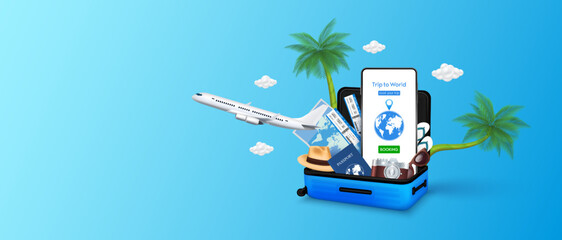 Travel equipment in luggage yellow and touch screen smartphone. Booking plane ticket for app online on mobile. Banner for making advertising media about tourism. Travel transport concept. 3D Vector. - obrazy, fototapety, plakaty